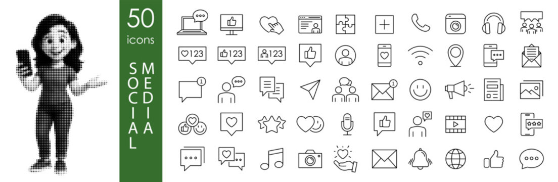 Social Media Interaction Icon Set with Halftone Woman &ndash; 50 Communication and Engagement Vector Symbols
