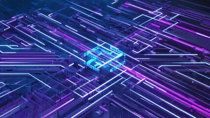 Futuristic digital circuit board with glowing neon pathways representing data flow and technological connectivity. - Powered by Adobe