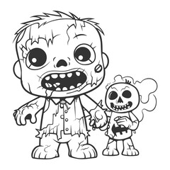 Cute Zombie Boy with Evil Doll – Cartoon Halloween Undead Character Line Art Illustration