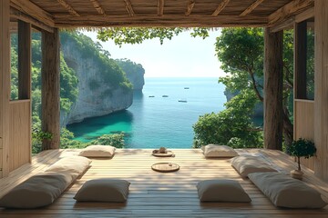 Coastal zen living area with panoramic windows