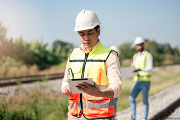 Group of construction managers and engineers planning infrastructure project near railway line, checking layout and coordinating site work