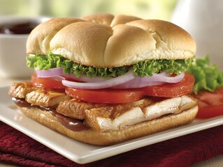 Delicious chicken sandwich with fresh vegetables and sweet sauce close up