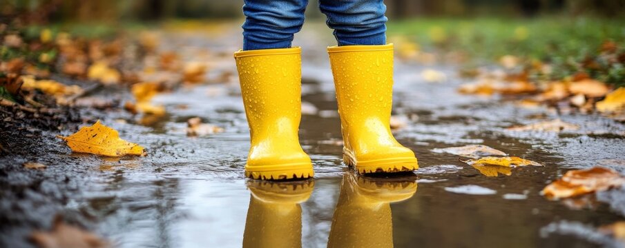 Yellow Rain Boots in Puddle, Autumn Fun, Outdoor play