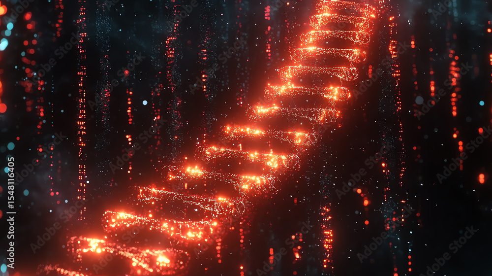 Poster an abstract digital representation of a glowing dna strand floating in a dark space, symbolizing inn