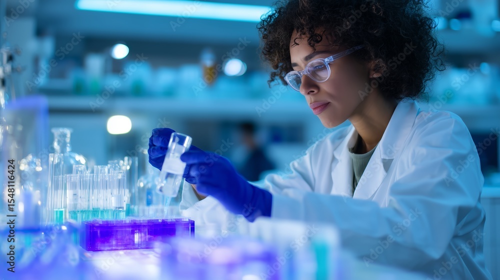 Poster scientist conducting experiments in a laboratory with colorful solutions and modern equipment