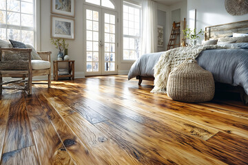 Waterproof wood-look laminate flooring in a sunlit modern rustic bedroom. Durable and stylish flooring option for cozy, contemporary interior design.