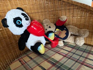 Plush teddy bears resting after harvest.