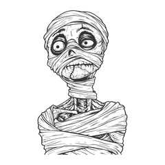 Cute Cartoon Mummy Character – Funny Halloween Wrapped Undead Line Art Illustration