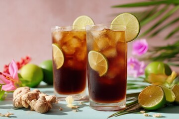 Two tall glasses of Long Island iced tea with ice, lime slices, ginger root, and tropical flowers on a pastel background, great for cocktail menus and summer promotions