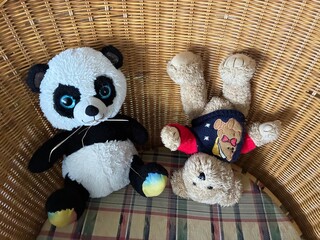 Plush teddy bears resting after the harvest.