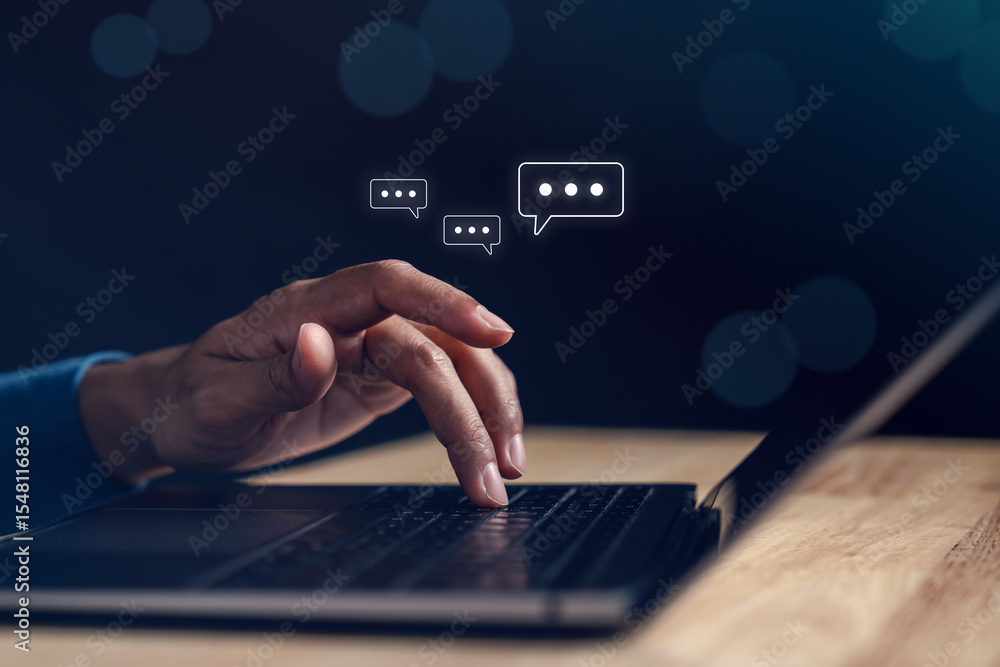Poster Typing on laptop keyboard with online chat representing chatbot communication, AI conversation, and real-time online messaging in digital platforms.