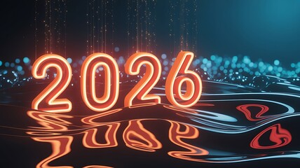 3d render of 2026 neon year in an abstract futuristic environment with reflected glow