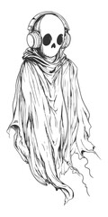 Ghost with Headphones Sketch – Cool Skeleton Spirit Illustration in Streetwear Style