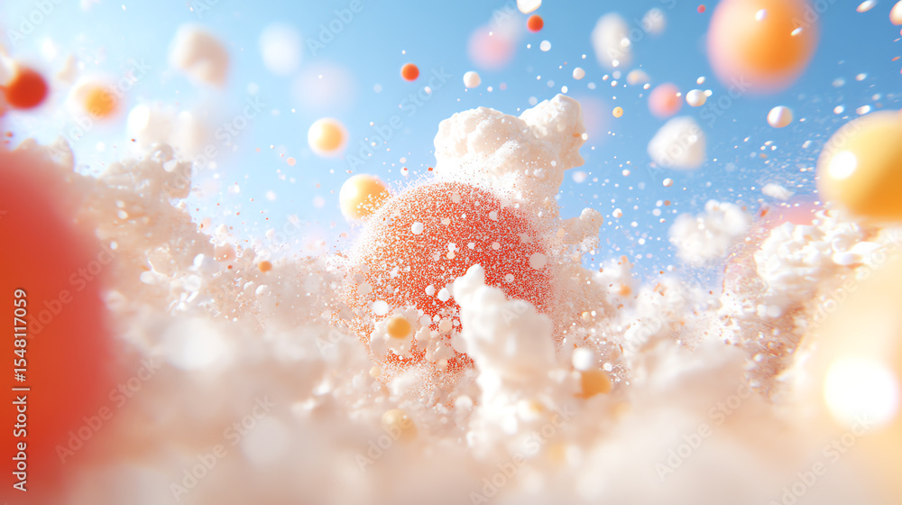 Poster an artistic representation of colorful spheres and textures floating in a dreamy environment, creati