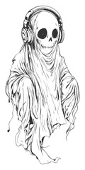 Ghost with Headphones Sketch – Cool Skeleton Spirit Illustration in Streetwear Style