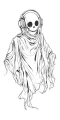 Ghost with Headphones Sketch – Cool Skeleton Spirit Illustration in Streetwear Style