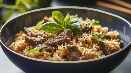 A shallow bowl of beef fried rice garnished with fresh greens and sesame seeds on a clean background