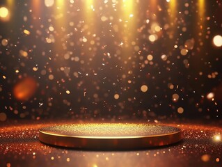 vibrant picture of Creative sparkling dance floor stage empty podium dark golden background with lights glittering confetti and bokeh high detail 8k