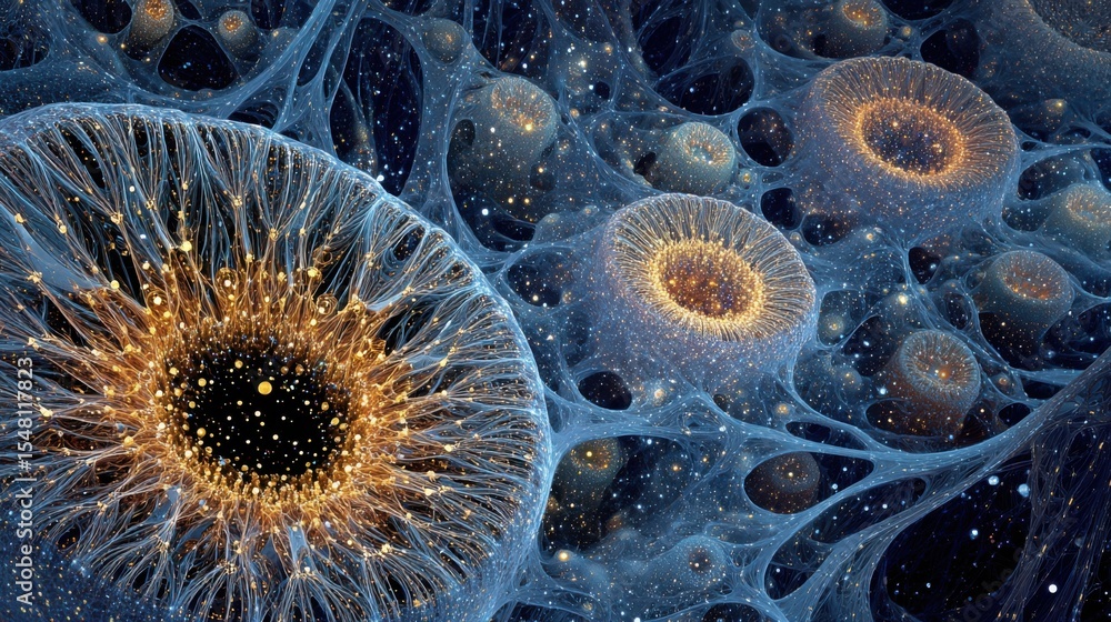 Poster the image depicts a detailed view of complex cellular structures illuminated by soft light against a