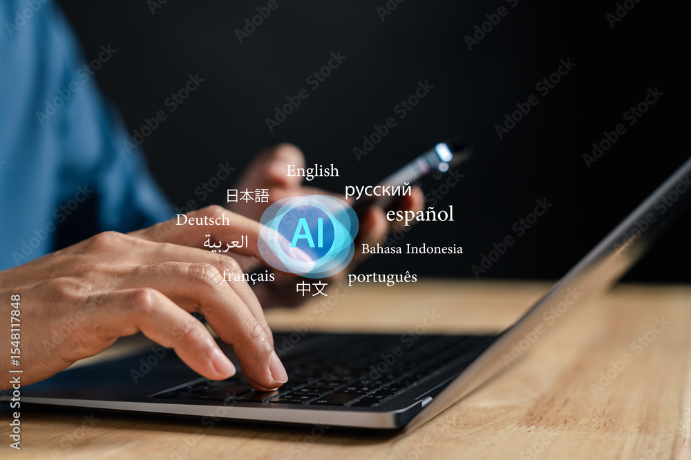 Leinwandbilder AI translation interface with floating language elements. Artificial intelligence concept for real-time multilingual communication, localization, and automated language processing.