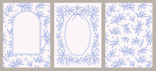 olives branch mediterranean set of cards , cover with seamless pattern, frame, bow, ribbon, decoration for restaurant menu, cafe, Amalfi, creative vector illustration, wallpaper, wrapping paper © Natalya