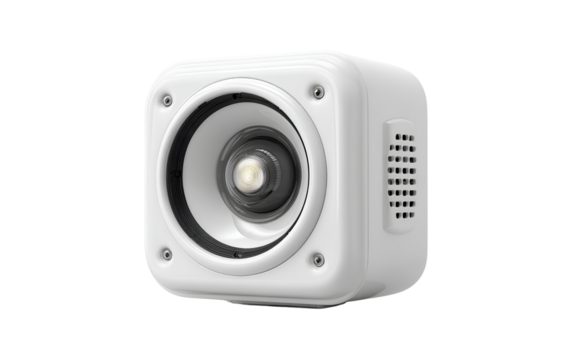 A white plastic outdoor loudspeaker with rounded edges and a front light, 3D rendering illustration on a transparent background