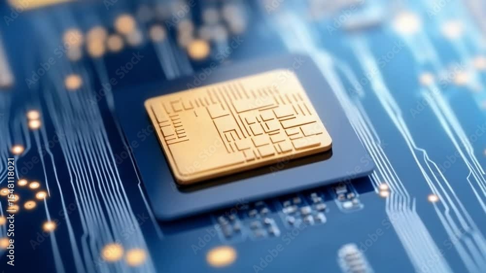 Poster intricate circuitry: an artistic shot of a microchip, meticulously arranged on a circuit board, embo