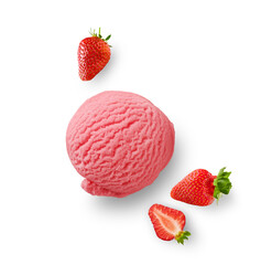 One scoop of strawberry fruit ice cream with fresh strawberries isolated on white background with...