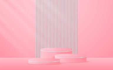 Pink podium with elegant white lines and a white slatted for displaying advertisements. Display of cosmetic products. Stage or podium. vector illustration	