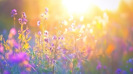 Fototapeta premium Colorful wildflowers field sunset