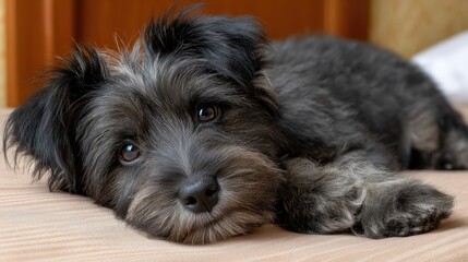 A joyful Havanese puppy relaxes on a plush hotel bed, showcasing its fluffy fur and bright eyes in a beautifully lit room