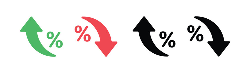 curved arrow icon with percent symbol, economic growth, increase, decrease arrow, up and down arrow icon