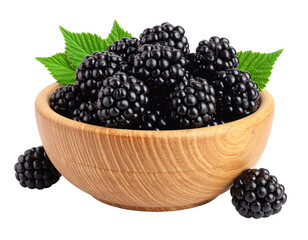 Blackberries in a wooden bowl on a transparent background

