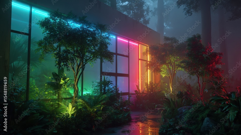 Poster vibrant neon lights glow against a backdrop of lush greenery in a serene setting. the mist enhances 