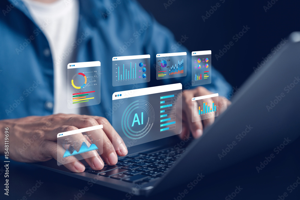 Poster AI agent for workflow and data analytics management. Technology system for digital process automation, real-time data dashboard, and intelligent business decision support.