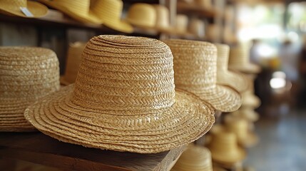 Handcrafted Straw Hats on Display in a Traditional Market