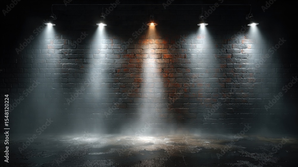 Poster soft beams of light illuminate a dark room with a wet floor and textured brick wall, creating a capt