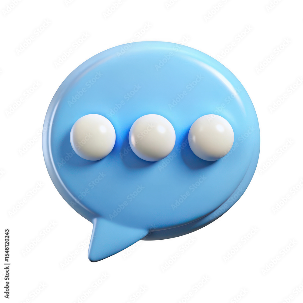Poster 3d render of blue speech bubble with three white dots isolated on transparent background