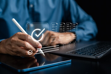 Fototapeta na wymiar Digital checklist system with creative content review on tablet. Efficient solution for form approval, quality control, and digital documentation in online workflow.