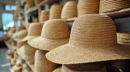 Handcrafted Straw Hats on Display in a Traditional Market