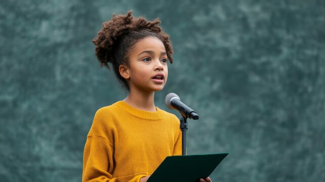 Young Girl Speaking at Podium with Microphone,Speech ,Kids