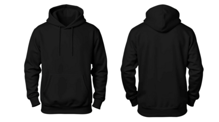 Black hoodie in front and back view, mockup isolated on transparent background