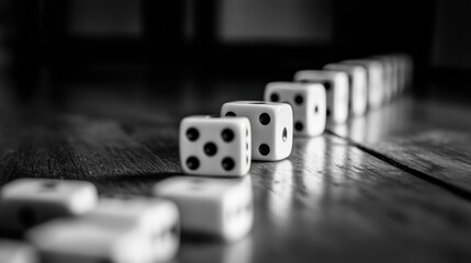Dice in a row on a wooden table