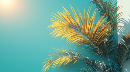 Tropical Palm Leaves Against Teal Wall, Summer Scene, Background Image