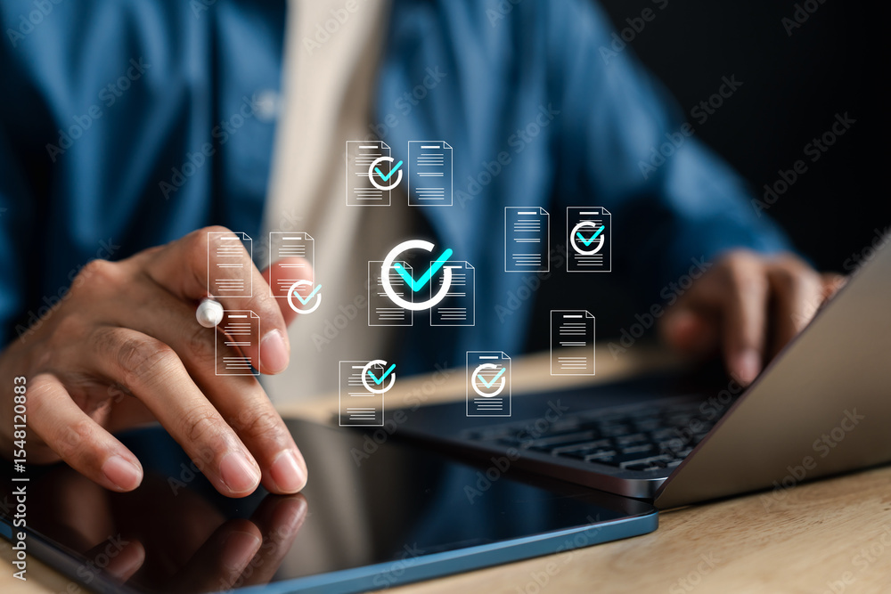 Fototapete Document checklist and digital online form concept for data entry, electronic approval, form submission, and workflow management system in modern office with hand using laptop.