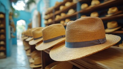 Handcrafted Straw Hats on Display in a Traditional Market