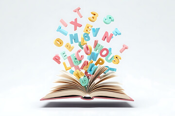 Colorful Letters and Numbers Emerging from an Open Book: A Whimsical Educational Scene