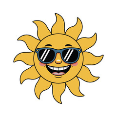 Smiling Sun with Sunglasses Fun Summer Cartoon Character Illustration.