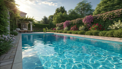 Obraz premium Experience ultimate relaxation at this luxury resort's tropical pool, where palm trees frame the sparkling water under a summer sky, inviting you for a refreshing swim during your vacation