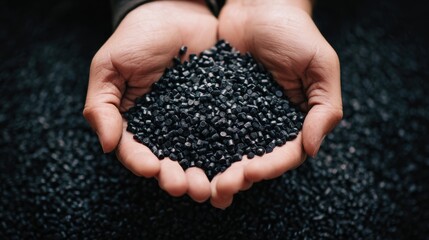 Hand holding small black polymer pellets.